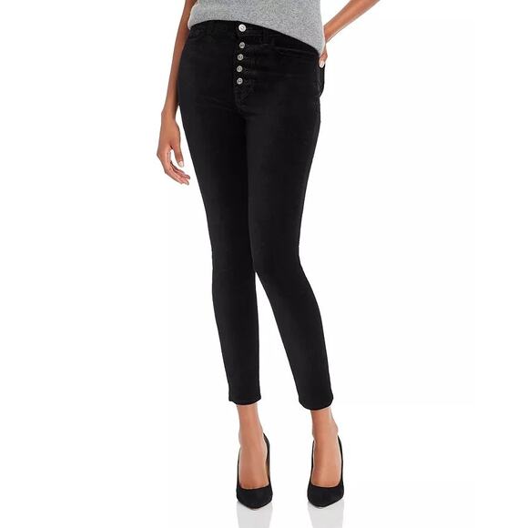7 for all Mankind NWT Black Velvet High Waist Ankle Skinny Exposed Button Pants - Picture 1 of 9